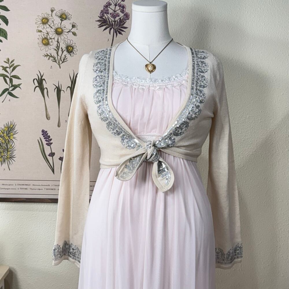 Y2k Silk Cashmere Embroidered Sequin Tie Front Cardigan Coquette Dolly Fairy S - Picture 2 of 9